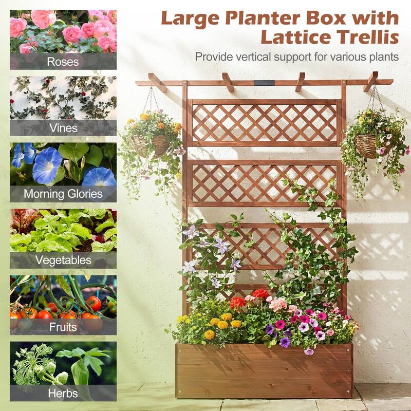 Gymax 72'' Wooden Planter Box w/Lattice Trellis Flat Roof Drainage for