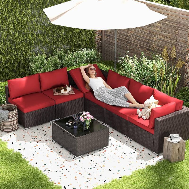 EROMMY 6/7 Piece Modular Outdoor Rattan Sofa Set, All-Weather Wicker Patio Furniture with Storage Table, Cushions & Pillows