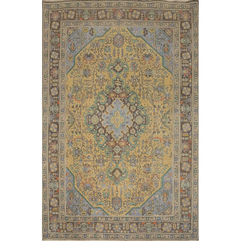 Hand Knotted Oriental 100% Wool Carpet Traditional Floral Yellow & Gold Tabriz Area Rug - 9' 4'' X 6' 5''