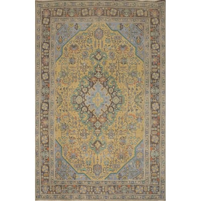 Hand Knotted Oriental 100% Wool Carpet Traditional Floral Yellow & Gold Tabriz Area Rug - 9' 4'' X 6' 5''