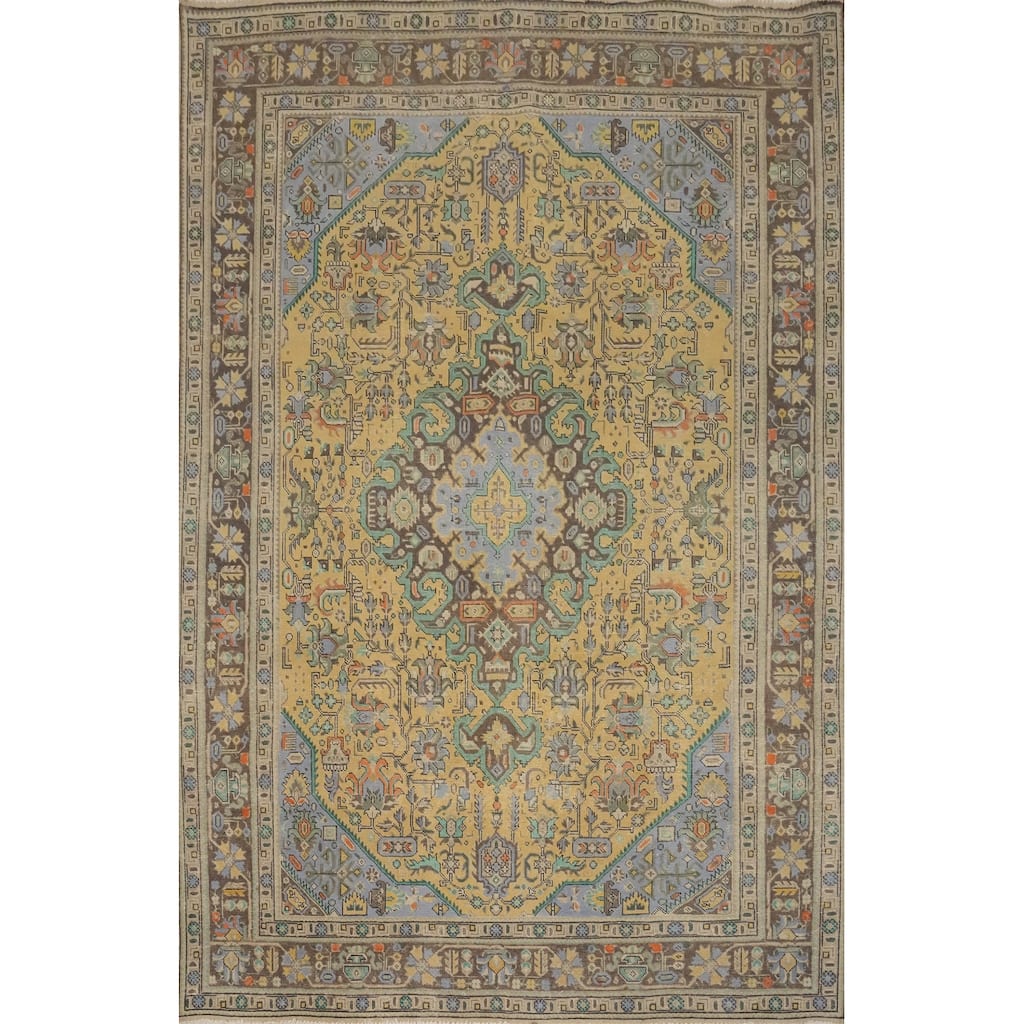 Hand Knotted Oriental 100% Wool Carpet Traditional Floral Yellow & Gold Tabriz Area Rug - 9' 4'' X 6' 5''