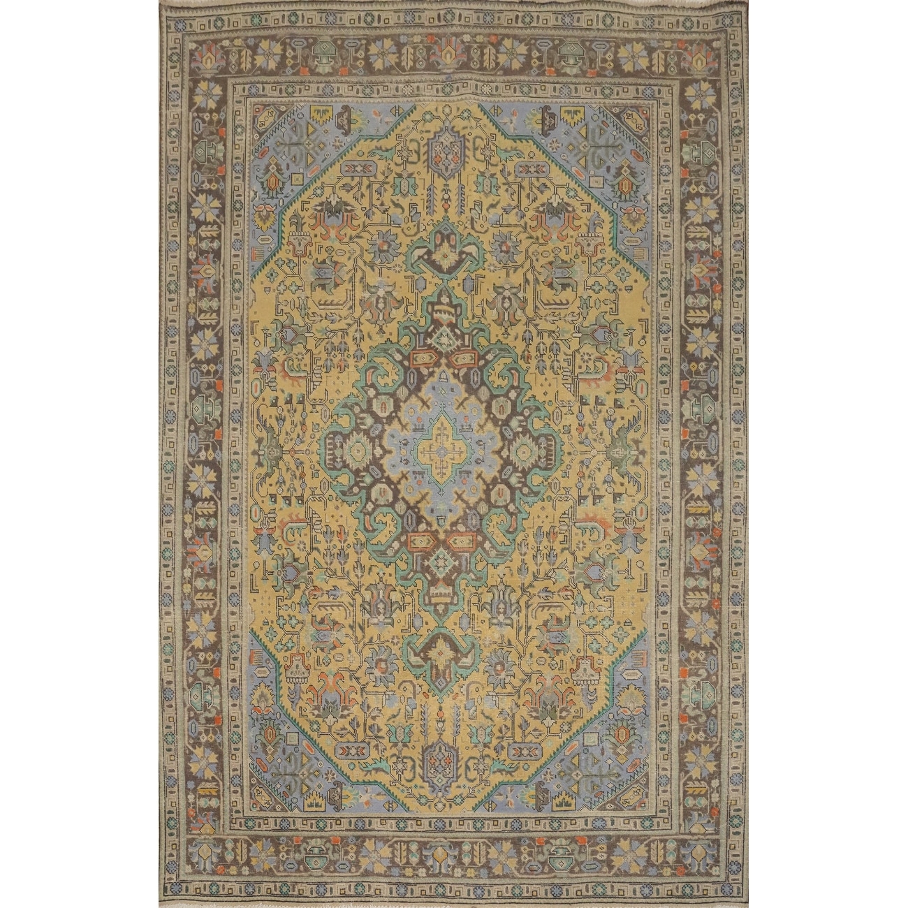 Hand Knotted Oriental 100% Wool Carpet Traditional Floral Yellow & Gold Tabriz Area Rug - 9' 4'' X 6' 5''