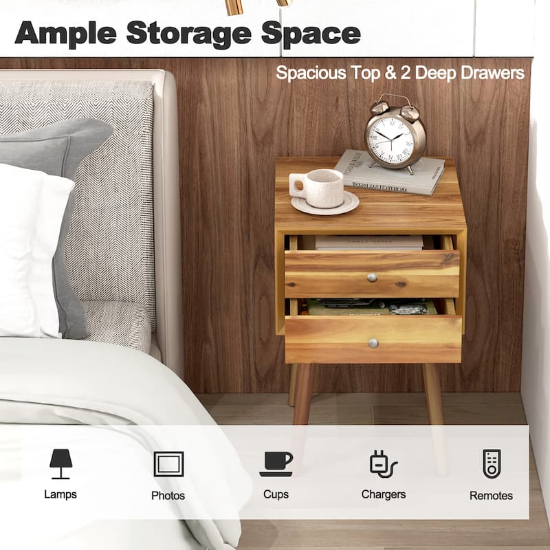 Gymax 2-Drawer Nightstand Mid-century Modern Bed Side Table w/ Storage