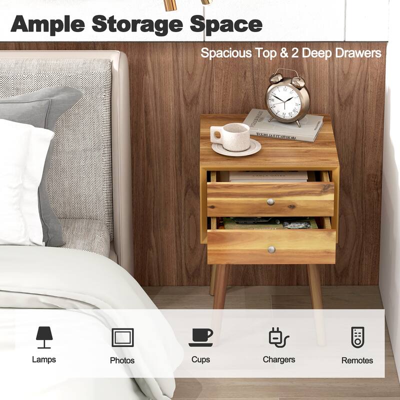 Gymax 2PCS Wooden Nightstand Mid-Century End Side Table W/2 Storage
