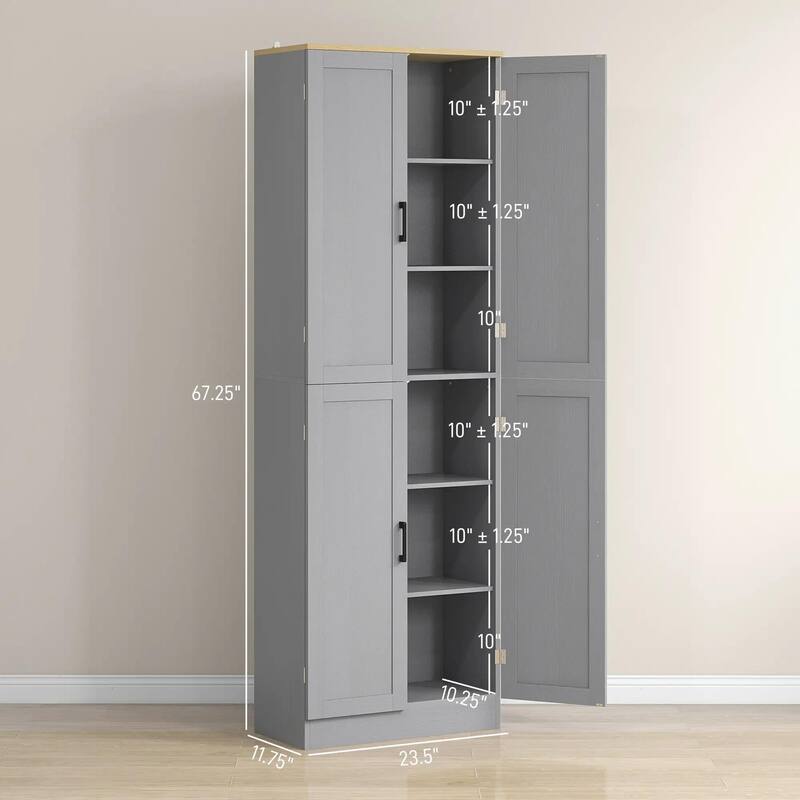 Freestanding Kitchen Pantry, 4-Door, Adjustable Shelves and Doors