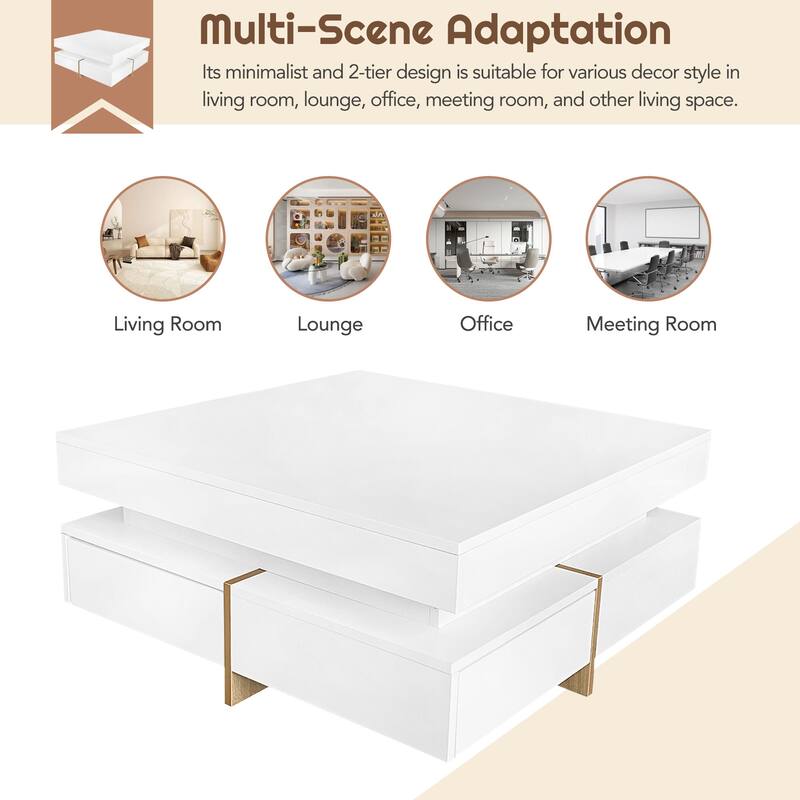 Modern High Gloss Coffee Table w/ 4 Drawers, Multi-Storage Square Cocktail Table Center Table w/ Wood Grain Legs for Living Room