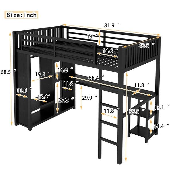 Twin XL Size Loft Bed with Desk, Wardrobe, Metal Frame & Shelves, Black