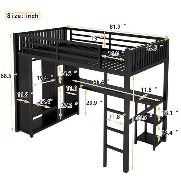 dimension image slide 1 of 3, TwinXL/FullXL/Queen Size Loft Bed Frame with Built-in Wardrobe