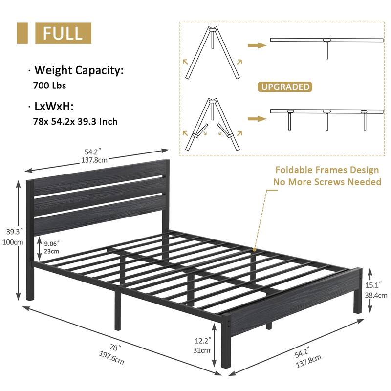 VECELO Industrial Wood Bed Frame with Headboard, Twin Size Beds/Full Size Beds/Queen Size Beds