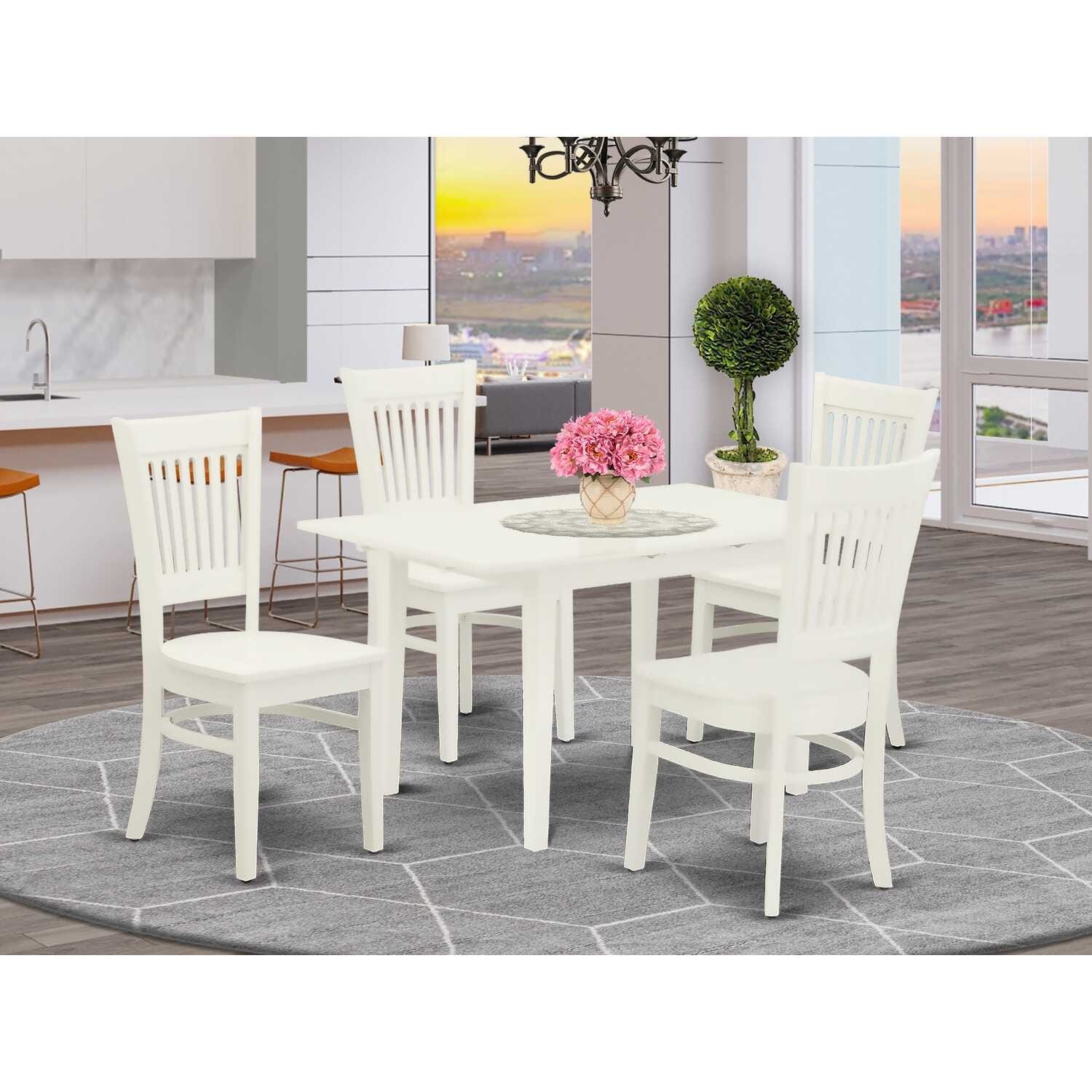 5-Piece Linen White Finish Solid Wood Top - Rectangular Dining Room Set - Seats 4