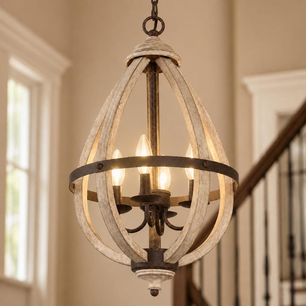 Farmhouse 4-Light Wood Lantern Chandelier Kitchen Island Pendant Light - D13" x H22"