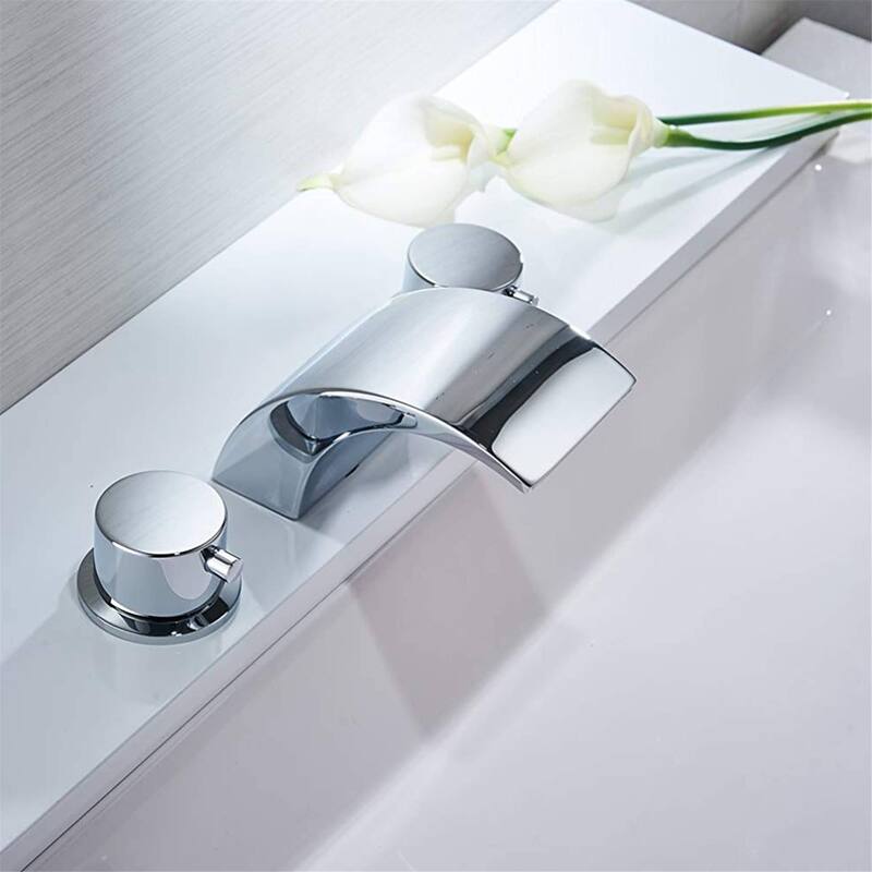 LED Widespread Bathroom Faucet With Drain Assembly 3 Holes Waterfall Bathroom Sink Faucets WIth Light 2 Handle Basin Vanity Tap