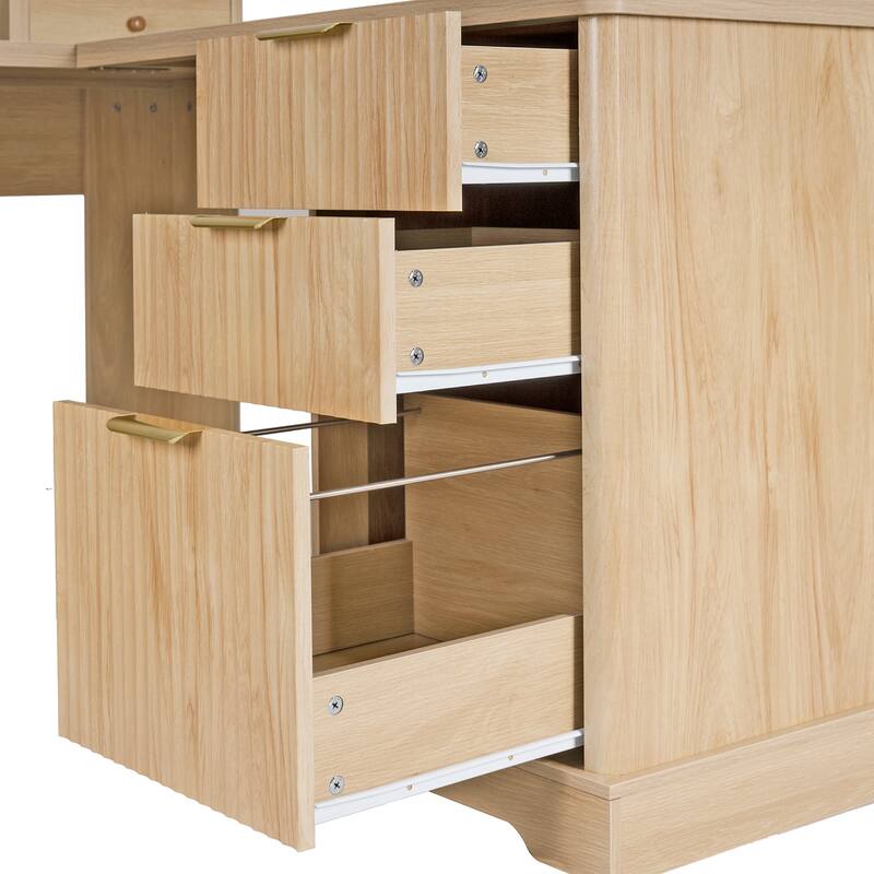 Roomfitters 59" Modern Fluted L-Shaped Desk with Charging Station, Monitor Stand & File Drawer