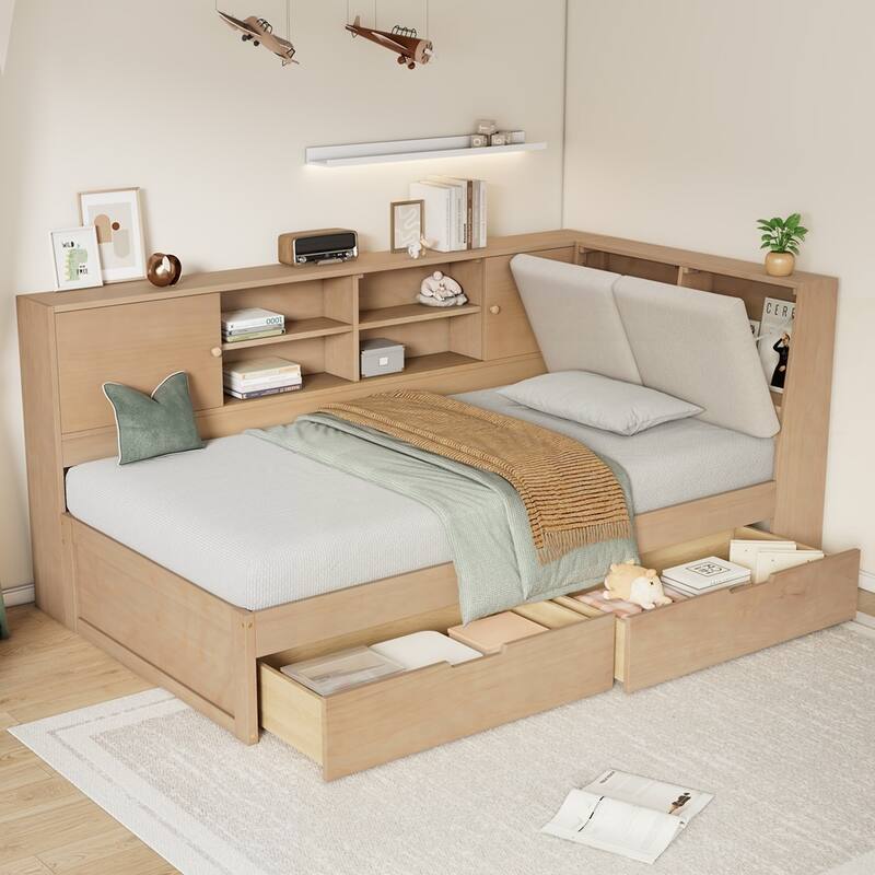L-shaped Daybed Corner Bed with Storage Bookcase and USB Charging Ports - Natural - Twin