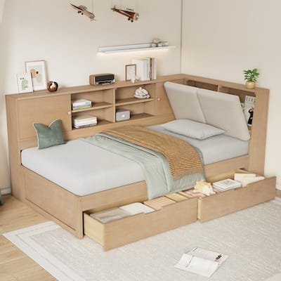 L-shaped Daybed Corner Bed with Storage Bookcase and USB Charging Ports