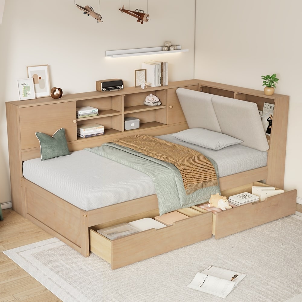 L-shaped Daybed Corner Bed with Storage Bookcase and USB Charging Ports