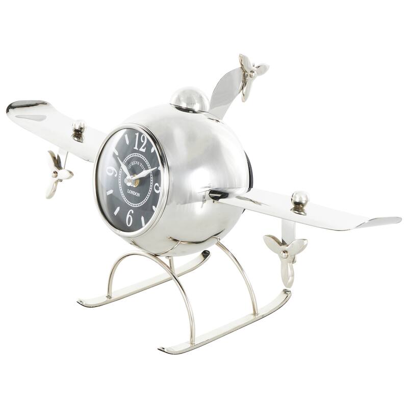 Silver Stainless Steel Metal Rounded Airplane Decorative Clock with Propellers