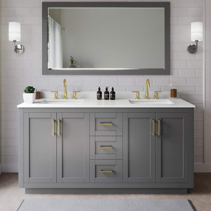 Wyndham Collection WCF292966D-QTZ-US3M58 Miranda 66" Free Standing - Dark Gray / White Quartz Top / Brushed Gold