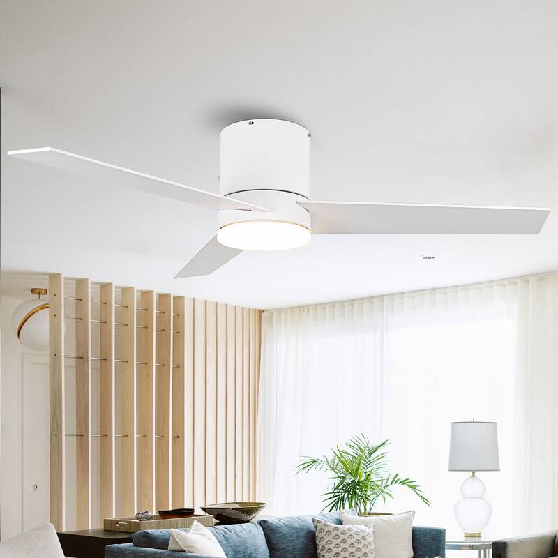 48 inch Modern 3-Blade Wooden Flush Mount Ceiling Fans with Light and Remote - White