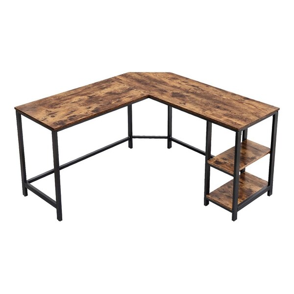 Lshaped Wood and Black Metal Computer Desk with 2 Shelves Overstock
