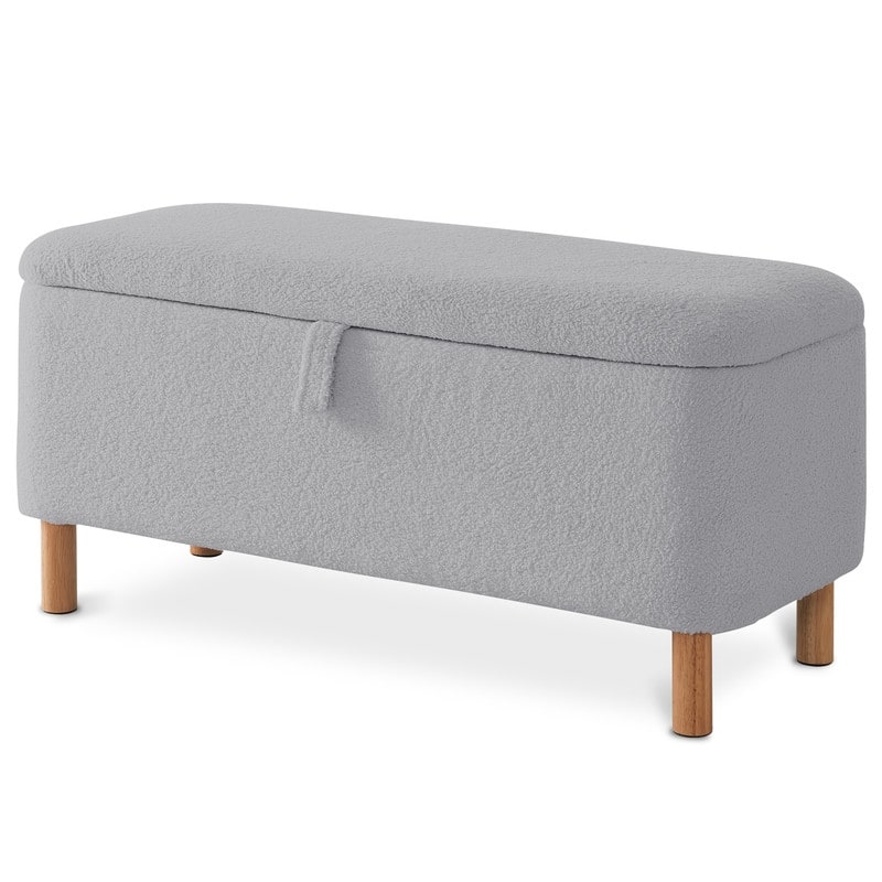 39.5" Off White Boucle Storage Ottoman Bench Sherpa Storage Bench Ottoman Foot Rest End of Bed for Living Room Bedroom,Wood Leg - 39.5" - Grey