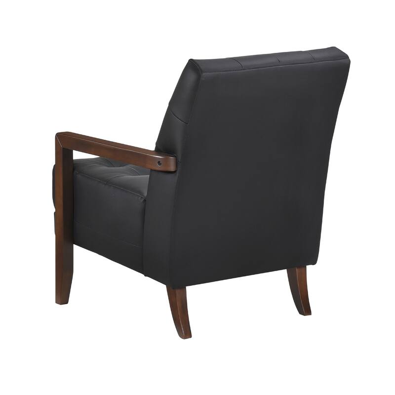 Lenie Accent Armchair, Button Tufted Black Leather, Walnut Brown Wood