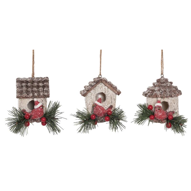Transpac Resin Cardinal Bird House Ornament Set of 3 Home Decorations Christmas