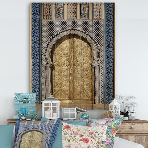 Designart 'Morroco Palace Golden Doors' Vintage Print on Natural Pine Wood - Multi-color