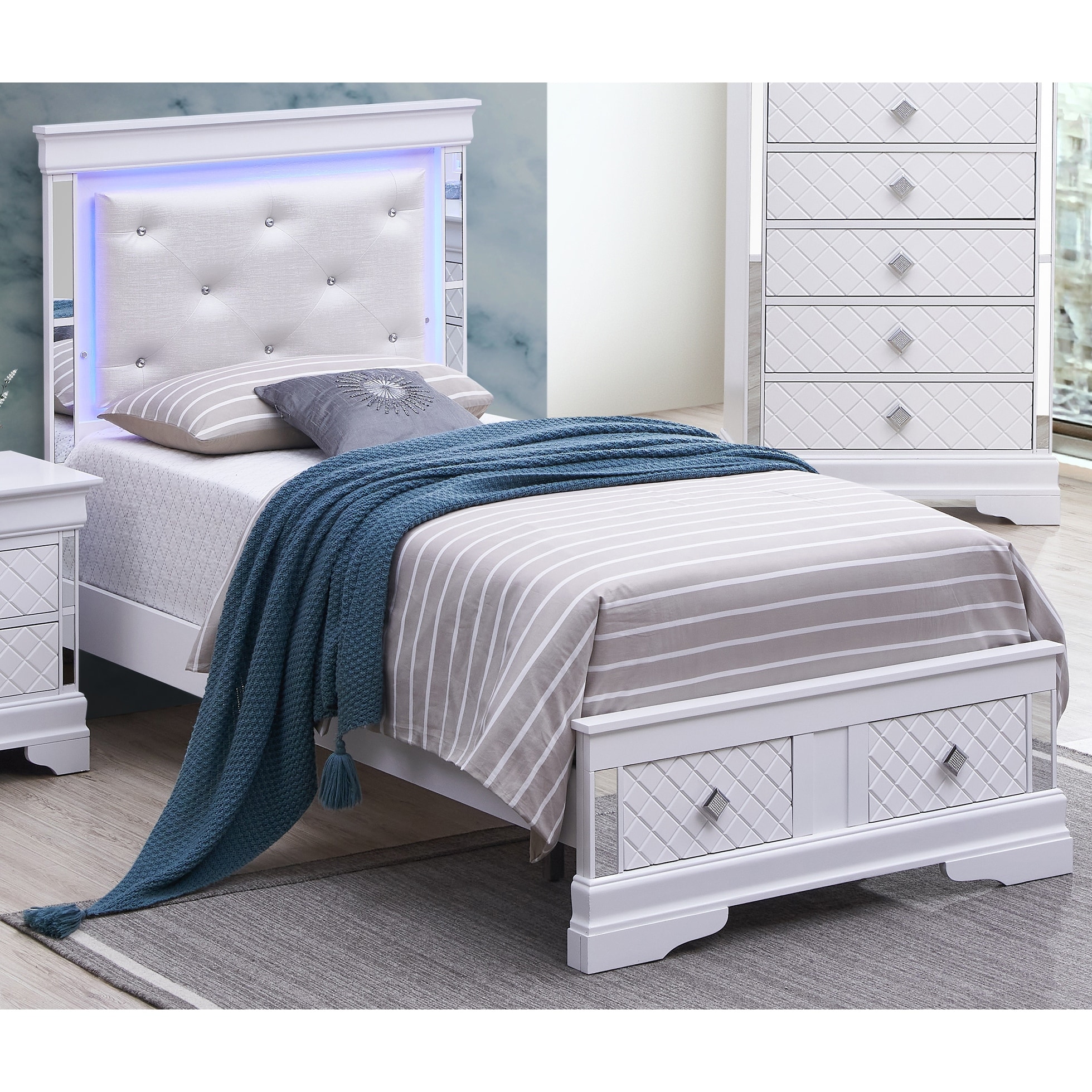 Twin Size Wood Platform Bed with LED Headboard and Jeweled Tufting