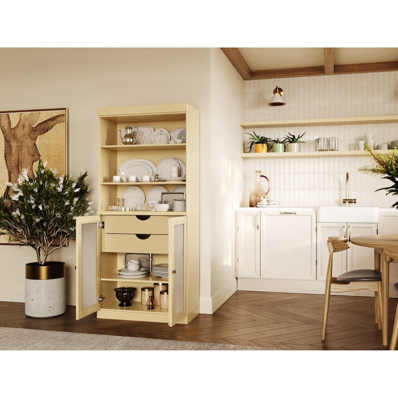 Palace Imports 100% Solid Wood Pantry Cabinet with Frosted Glass Doors, 2-Drawers and Adjustable Shelves - 32" x 71.5"
