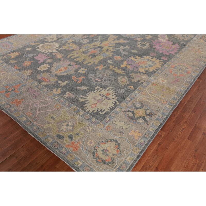 Hand Knotted Oriental 100% Wool Carpet Transitional All-Over Greys & Charcoal Oushak Area Rug - 11' 10'' X 8' 9''