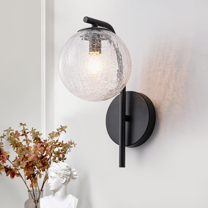 Modern Matte Black Metal Wall Sconce Round Clear Cracked Glass Shade - H-11.81 in.