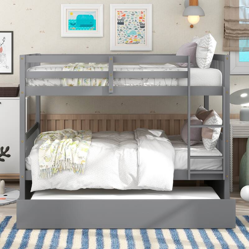 Twin/Full Size Bunk Bed with Trundle, Convertible to 2 Platform Bed