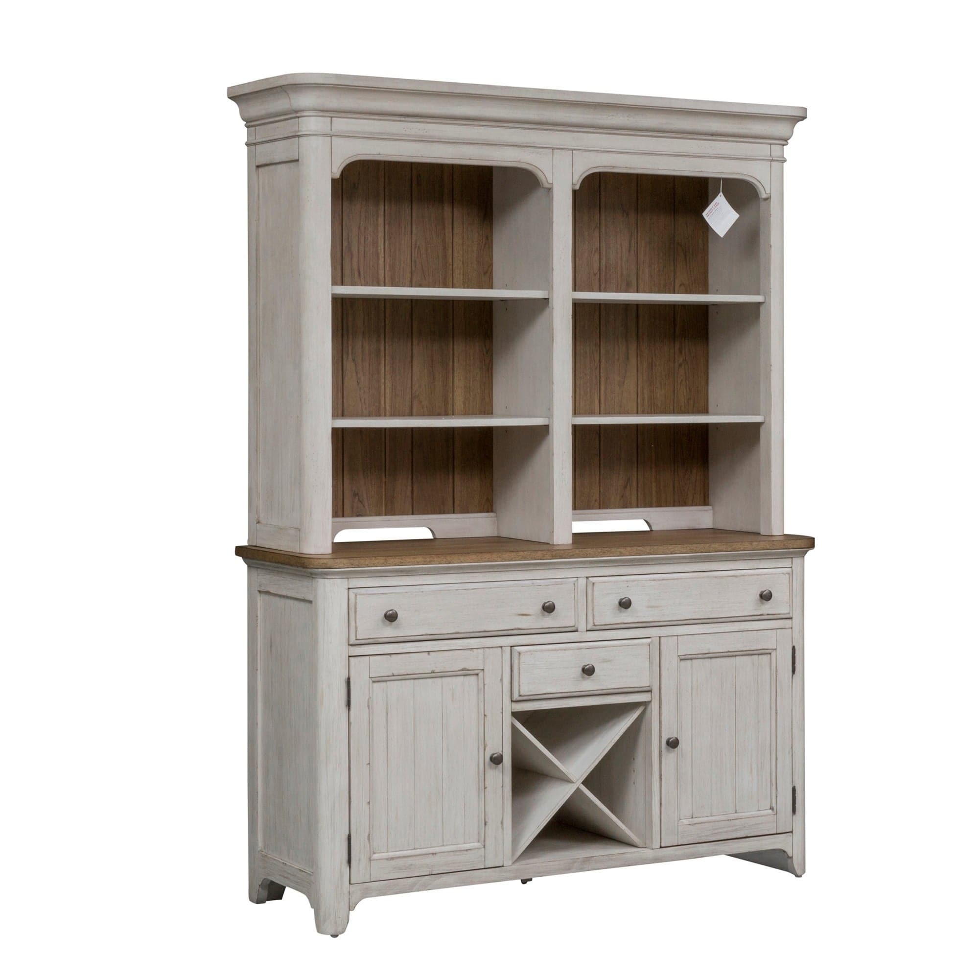 Farmhouse Reimagined Antique White Hutch And Buffet On Sale Overstock 20690010 Casual style oak finish hard woods & veneers 2 cabinets 2 shelves wine rack kitchen and dining furniture dimensions: farmhouse reimagined antique white hutch and buffet