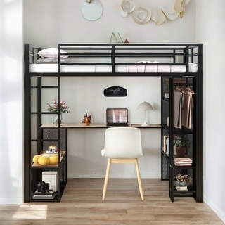 70"High Metal Full Size Loft Bed with MDF Shelves and Open Mesh Wardrobe