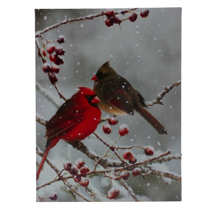 Lighted Red Cardinals and Berries Christmas Canvas Wall Art 15.75" x 11.75"