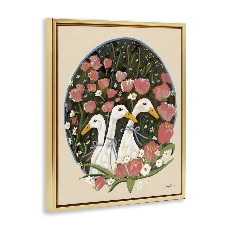 Stupell Ducks with Cottage Blooms Framed Floater Canvas Wall Art Design By Sara Baker