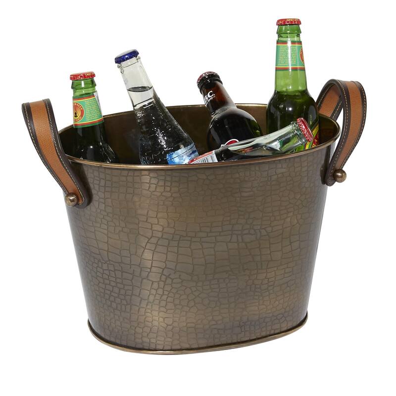 Stainless Steel Metal Ice Bucket with Leather Strap Handles - Bronze - Roche River Decor