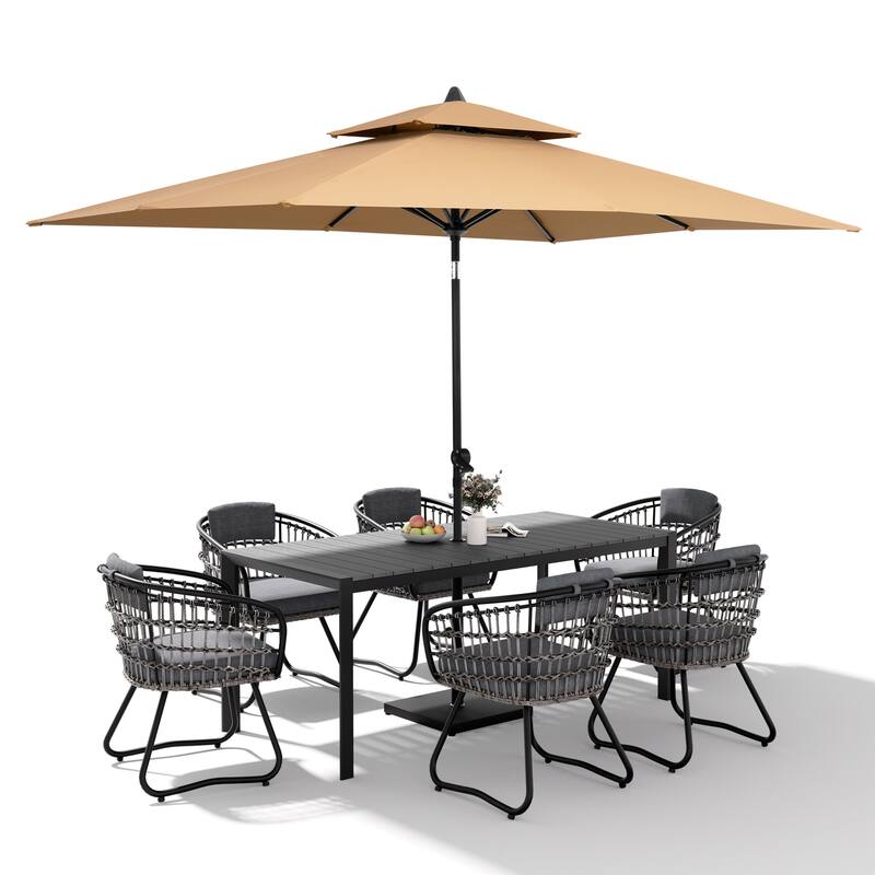 9-Piece Outdoor Patio Dining Set Wood Like Aluminum Umbrella Hole Table with Rattan Chairs, Market Umbrella and Base