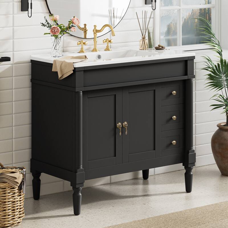 GDFStudio - Hellie 36" Modern Bathroom Vanity with Ceramic Sink - Soft-Close Doors, Drawers & Adjustable Storage