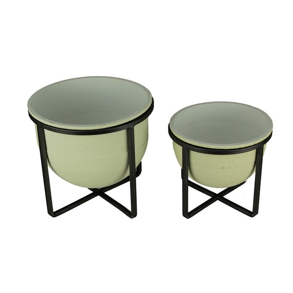 White Stone Finish Metal Tub Planter in Stand Set of 2 - 8 X 8.5 X 8.5 inches