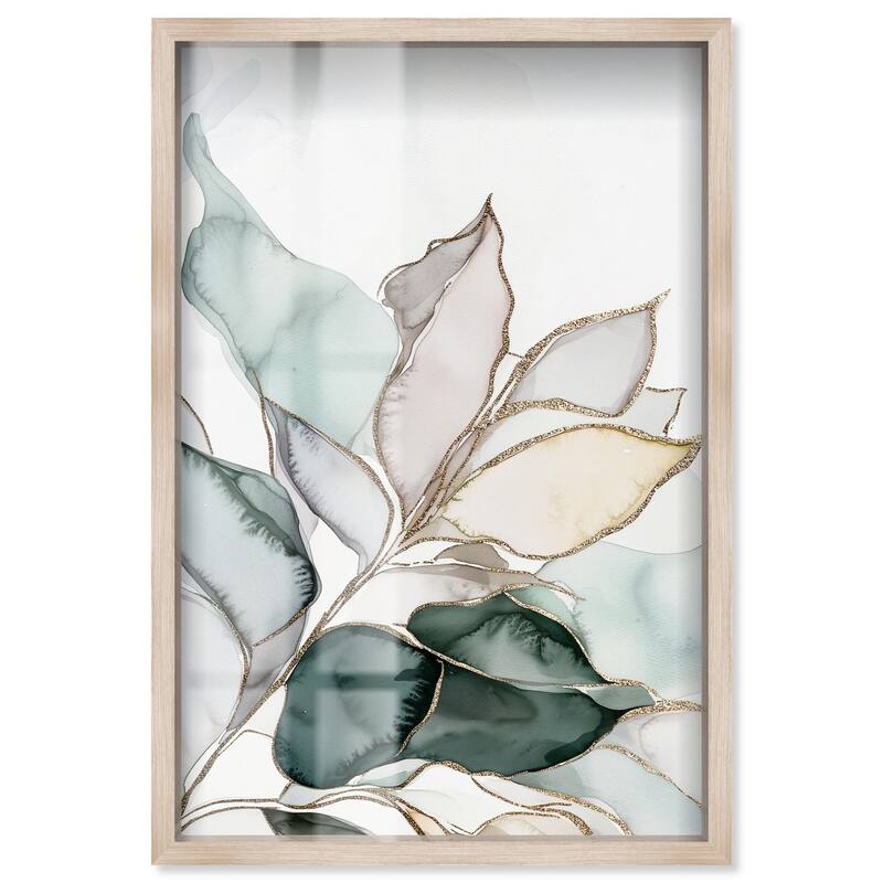 Pastel Leaves with Gold I Shadowbox by Art Remedy - Natural - 10" x 15"