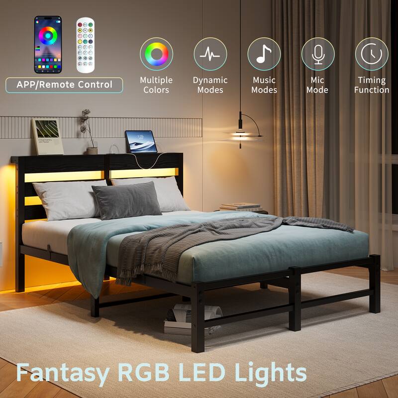 Full Size Bed Frame with USB Charging Station, LED Strips, Under-Bed Storage, and Heavy Duty Metal Slats for Maximum Stability