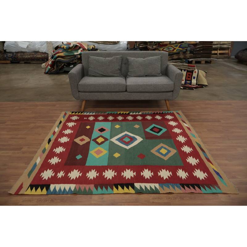 Hand Woven Oriental 100% Wool Carpet Southwestern Modern Multi-Colored Kilim Area Rug - 6' 0'' X 5' 8''
