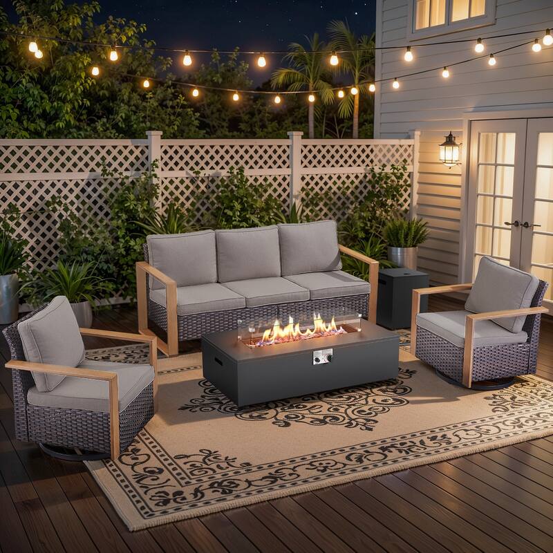 Pocassy Outdoor Sofa Swivel Chair Ottoman w/ 43" Fire Pit Set - Brown Wicker Gray Cushion - 4PCS Fire Table w/ 4-In Cushion Sofa Swivel Chair