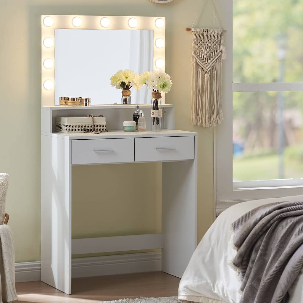Roomfitters Makeup Vanity with Lights, Vanity Desk with 2 Drawers, Dressing Table with Mirror, Vanity Desk with Storage