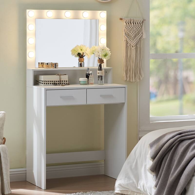 Small Vanity Table with 2 Drawers 3 Light Modes Makeup Mirror - White