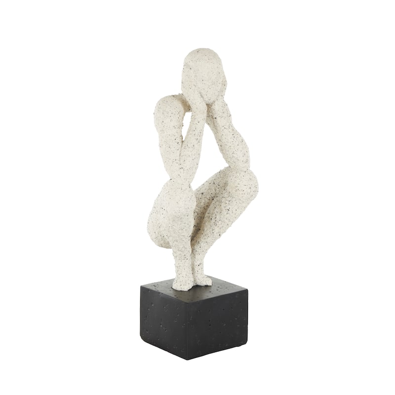Cream Polystone Crouching People Decorative Sculpture with Black Square Base