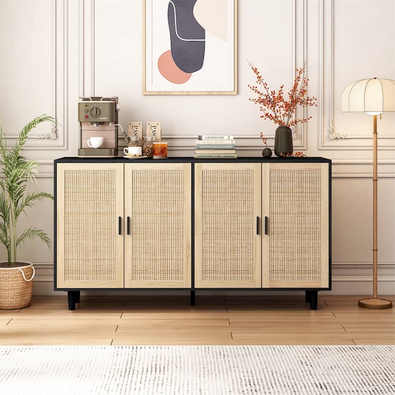 62.20"Elegant and Functional 4-Door Rattan Decorative Storage Cabinet