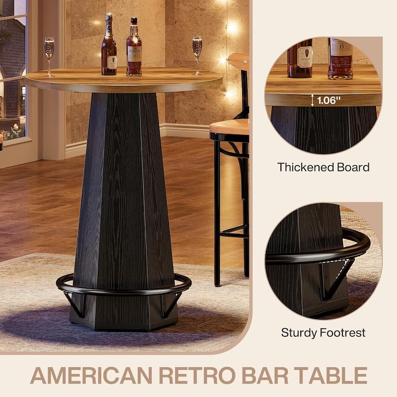 Round Bar Pub Table, 39.4" H Bistro Cocktail Table with Metal Footrest